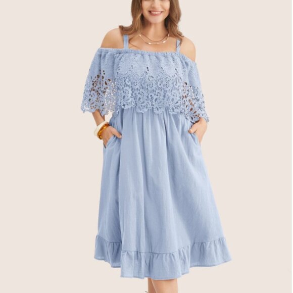 BloomChic Solid Cold Shoulder Contrast Lace Pocket Ruffle Hem Dress 2XL us 18 - Picture 1 of 4